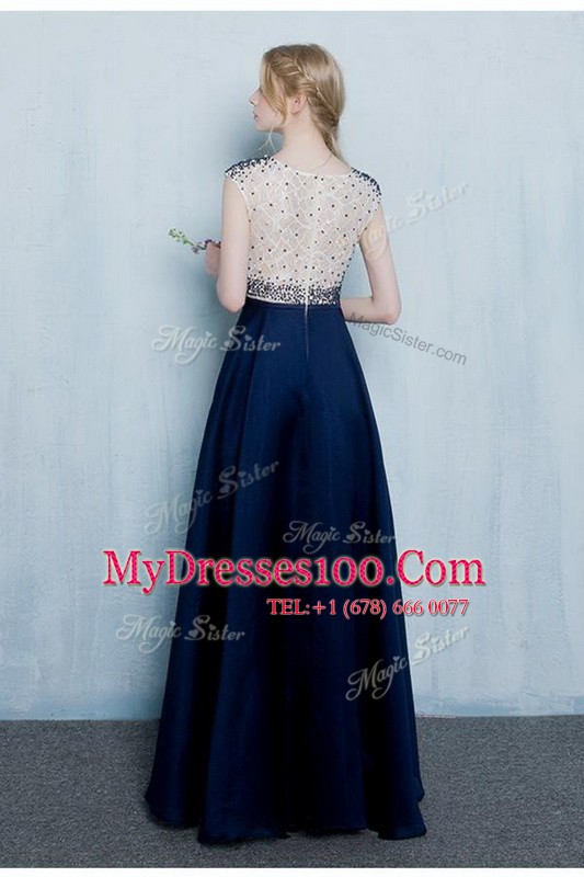 Fashion Chiffon Scoop Cap Sleeves Zipper Beading and Ruching Womens Evening Dresses in Navy Blue