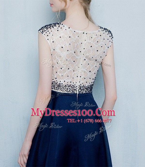 Fashion Chiffon Scoop Cap Sleeves Zipper Beading and Ruching Womens Evening Dresses in Navy Blue