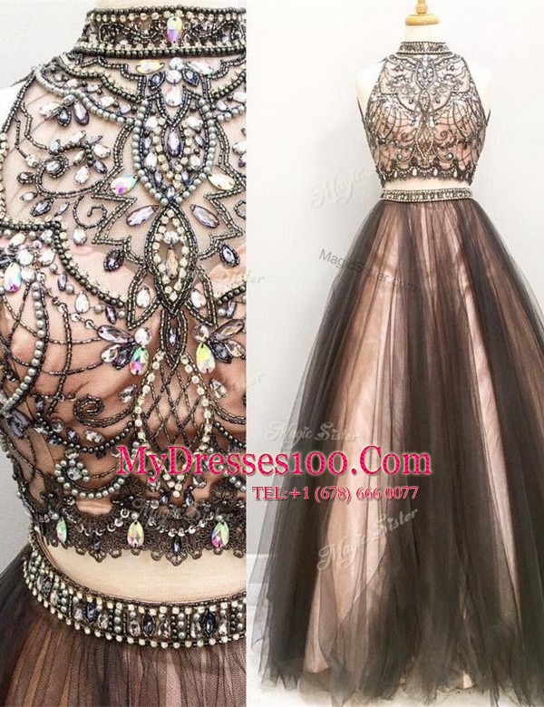Tulle Sleeveless Floor Length Homecoming Dress and Beading and Ruching