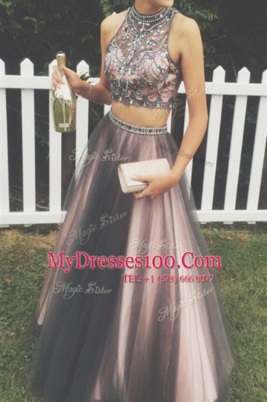 Tulle Sleeveless Floor Length Homecoming Dress and Beading and Ruching