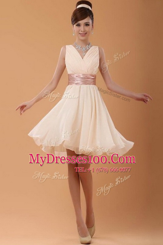 Deluxe V-neck Sleeveless Prom Gown Mini Length Belt Peach Organza