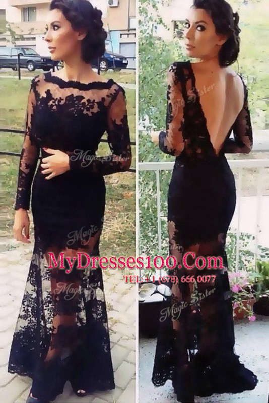 Pretty Scalloped Long Sleeves Organza Floor Length Backless Homecoming Dress in Black with Lace