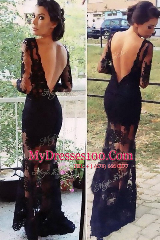 Pretty Scalloped Long Sleeves Organza Floor Length Backless Homecoming Dress in Black with Lace