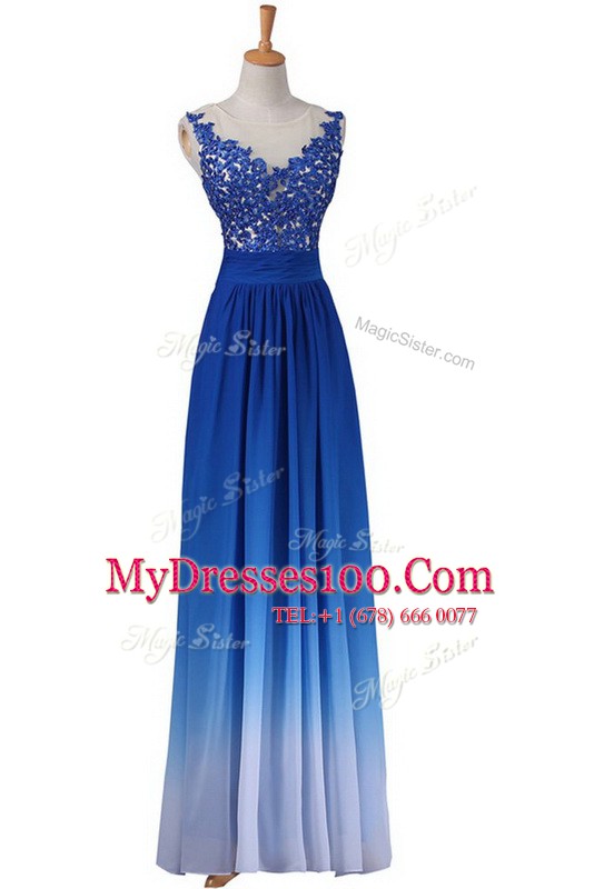 Flirting Blue Chiffon Backless Prom Dresses Sleeveless Floor Length Lace