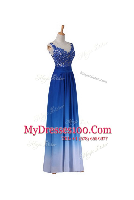 Flirting Blue Chiffon Backless Prom Dresses Sleeveless Floor Length Lace