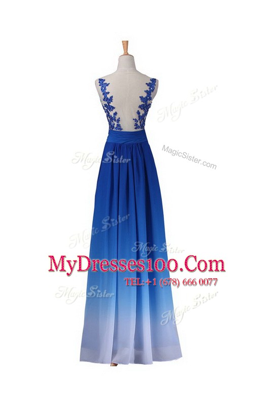 Flirting Blue Chiffon Backless Prom Dresses Sleeveless Floor Length Lace