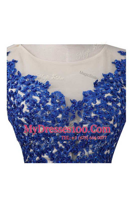 Flirting Blue Chiffon Backless Prom Dresses Sleeveless Floor Length Lace