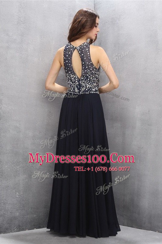 Scoop Sleeveless Hoco Dress Floor Length Beading Black Chiffon