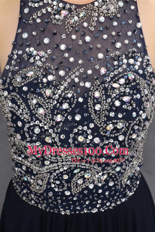 Scoop Sleeveless Hoco Dress Floor Length Beading Black Chiffon