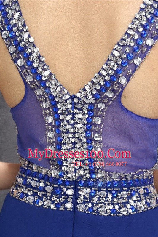 Blue Chiffon Zipper V-neck Sleeveless Floor Length Beading and Belt