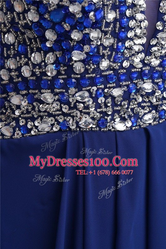 Blue Chiffon Zipper V-neck Sleeveless Floor Length Beading and Belt