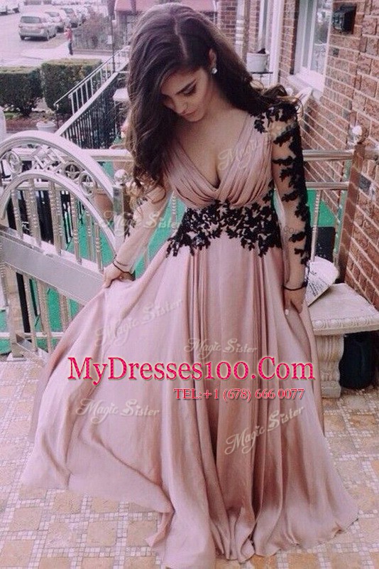 Classical Floor Length Zipper Prom Evening Gown Pink for Prom and Party with Ruching