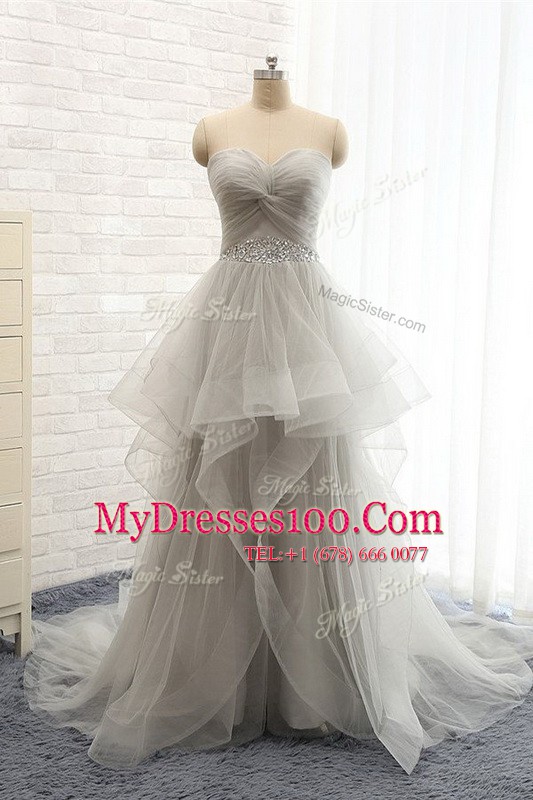 Sleeveless Brush Train Ruching Lace Up Evening Dress