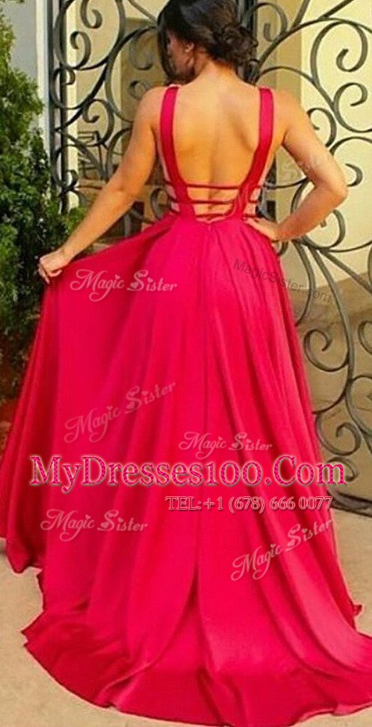 Luxurious Red Criss Cross V-neck Beading Prom Evening Gown Chiffon Sleeveless Brush Train