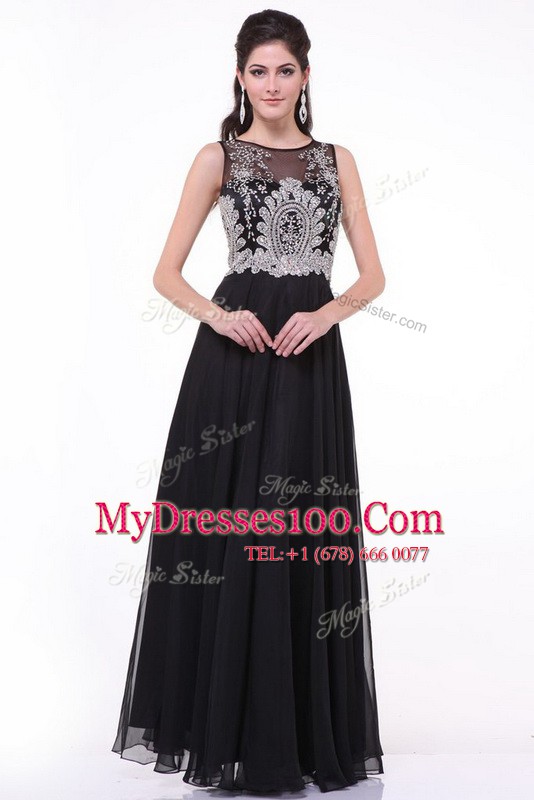 Scoop Chiffon Sleeveless Floor Length Prom Party Dress and Beading and Appliques and Ruching