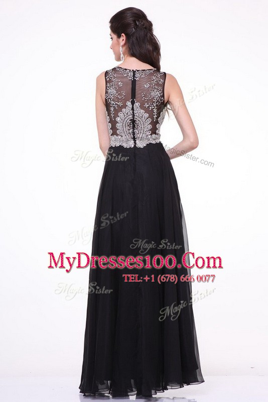 Scoop Chiffon Sleeveless Floor Length Prom Party Dress and Beading and Appliques and Ruching