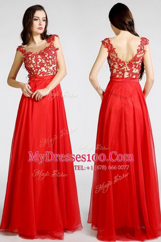 Elegant Chiffon Bateau Sleeveless Zipper Beading and Appliques Prom Dresses in Red