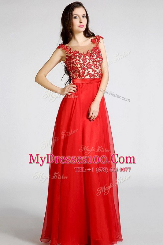 Elegant Chiffon Bateau Sleeveless Zipper Beading and Appliques Prom Dresses in Red
