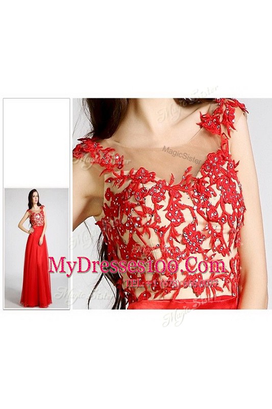 Elegant Chiffon Bateau Sleeveless Zipper Beading and Appliques Prom Dresses in Red
