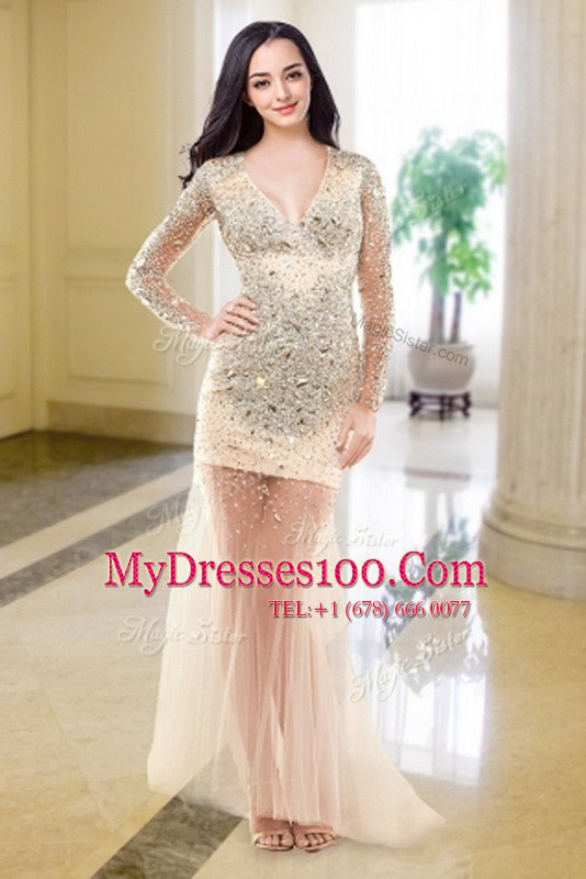 Gorgeous Long Sleeves Zipper Floor Length Beading Prom Party Dress
