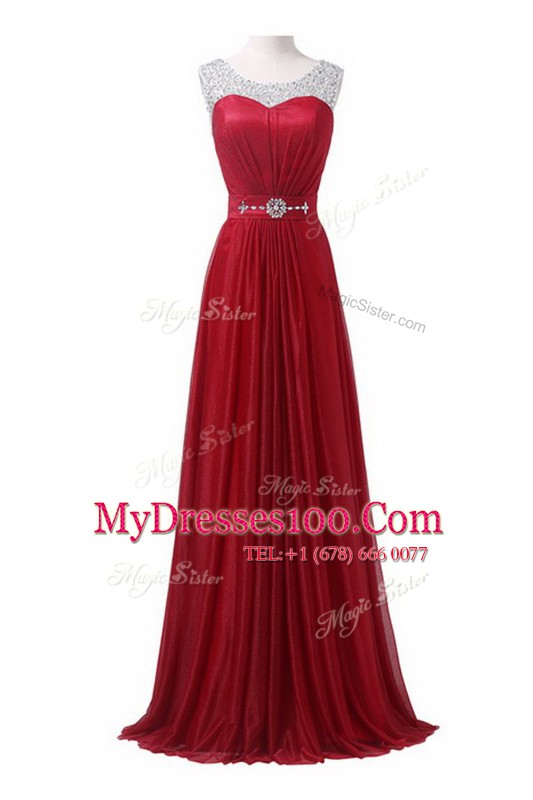 Scoop With Train Wine Red Prom Gown Chiffon Brush Train Sleeveless Beading and Ruching