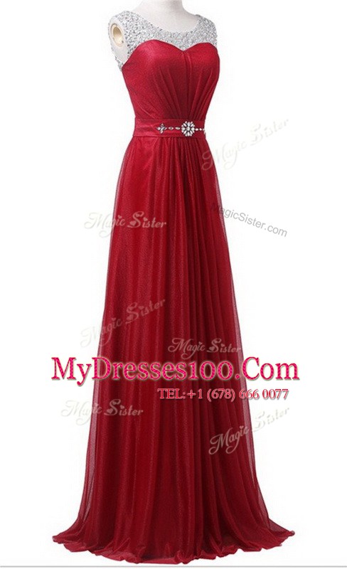 Scoop With Train Wine Red Prom Gown Chiffon Brush Train Sleeveless Beading and Ruching