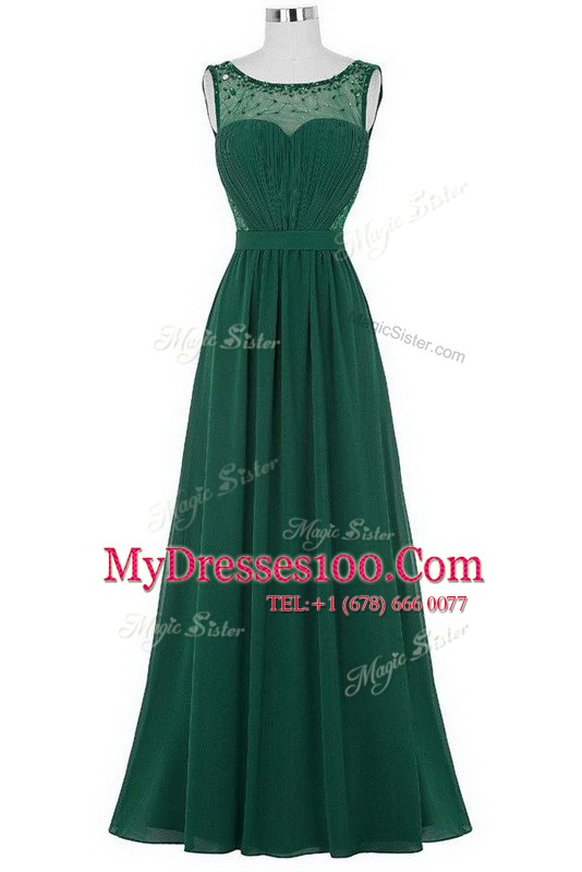 Scoop Floor Length Zipper Dress for Prom Dark Green for Prom and Party with Beading and Ruching