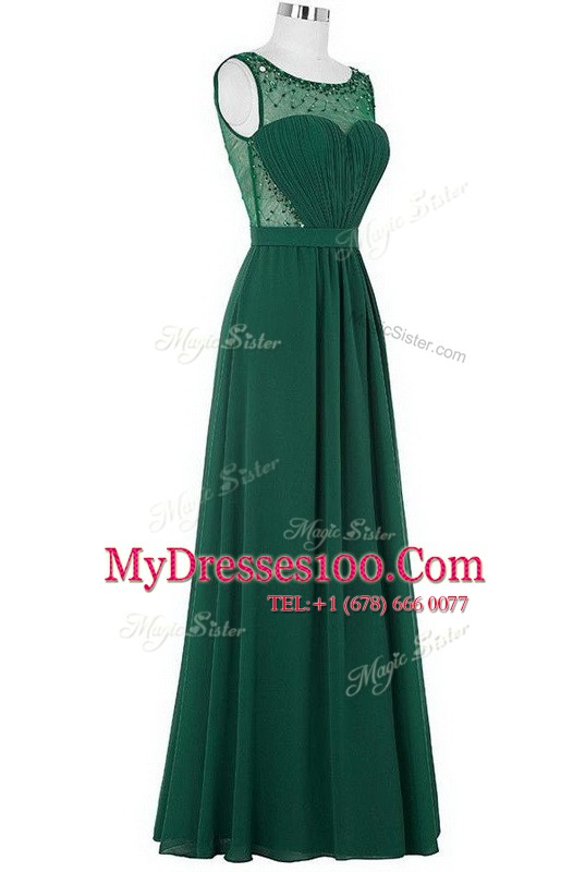 Scoop Floor Length Zipper Dress for Prom Dark Green for Prom and Party with Beading and Ruching