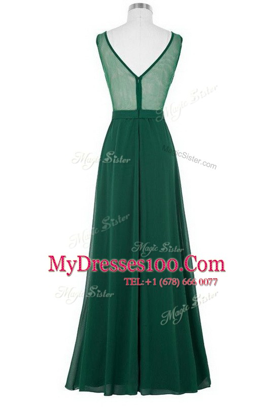 Scoop Floor Length Zipper Dress for Prom Dark Green for Prom and Party with Beading and Ruching