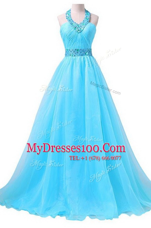 Fabulous Halter Top Sleeveless Chiffon Dress for Prom Beading and Belt Lace Up