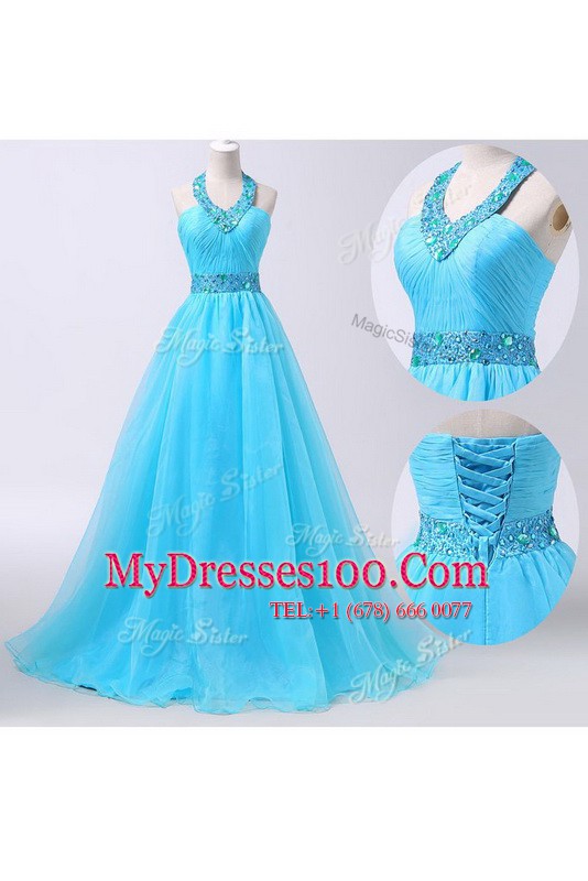 Fabulous Halter Top Sleeveless Chiffon Dress for Prom Beading and Belt Lace Up
