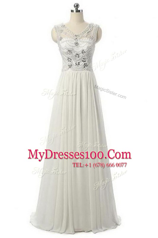 Sleeveless Chiffon Floor Length Zipper Prom Gown in White with Beading