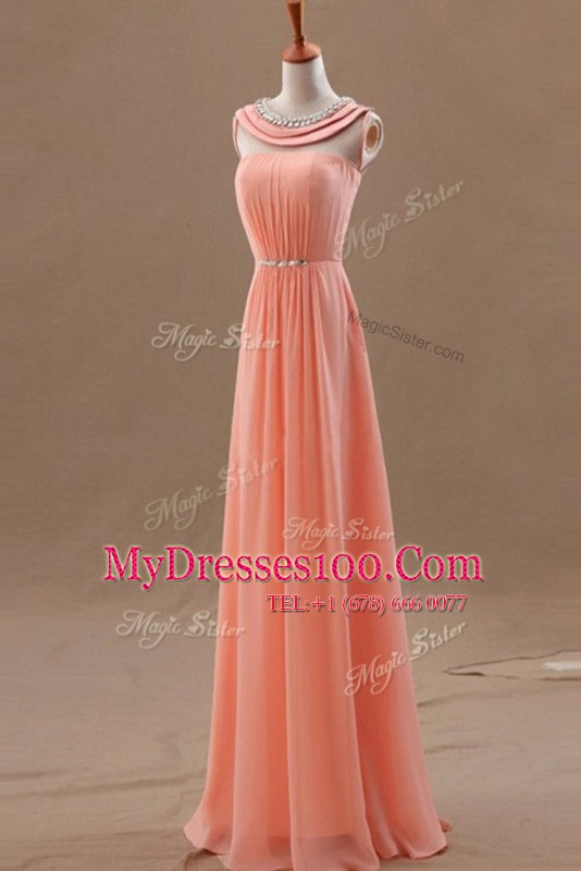 Watermelon Red Column/Sheath Beading Prom Party Dress Zipper Chiffon Sleeveless Floor Length