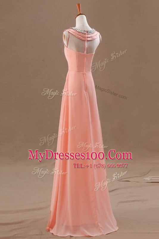 Watermelon Red Column/Sheath Beading Prom Party Dress Zipper Chiffon Sleeveless Floor Length