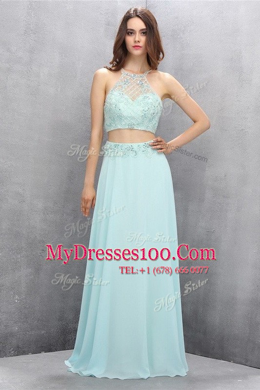 Light Blue Empire Halter Top Sleeveless Tulle Sweep Train Zipper Beading Prom Dresses