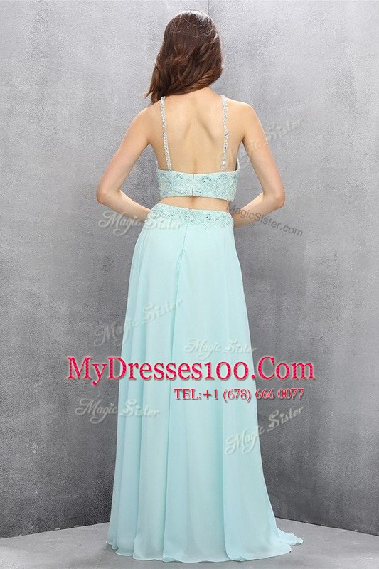 Light Blue Empire Halter Top Sleeveless Tulle Sweep Train Zipper Beading Prom Dresses