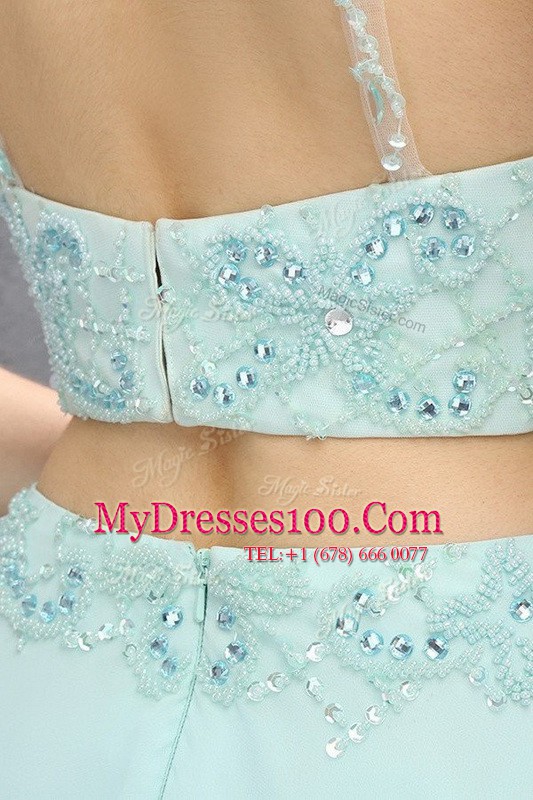 Light Blue Empire Halter Top Sleeveless Tulle Sweep Train Zipper Beading Prom Dresses