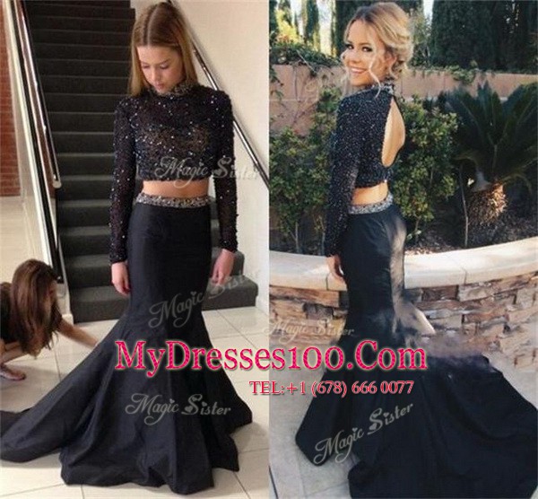 Black Prom Party Dress Prom and Party and For with Beading High-neck Long Sleeves Brush Train Backless