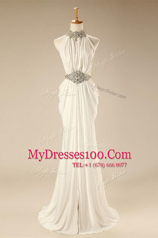 White Chiffon Zipper Prom Dresses Sleeveless Sweep Train Beading and Belt