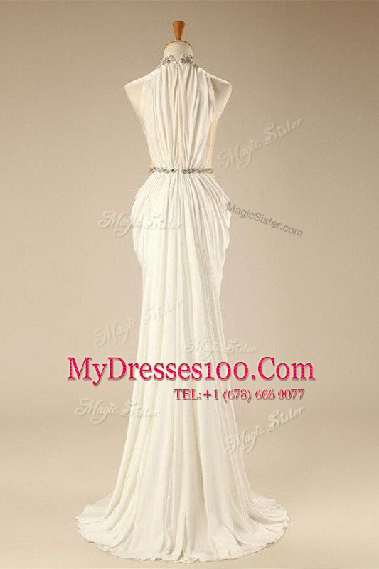 White Chiffon Zipper Prom Dresses Sleeveless Sweep Train Beading and Belt
