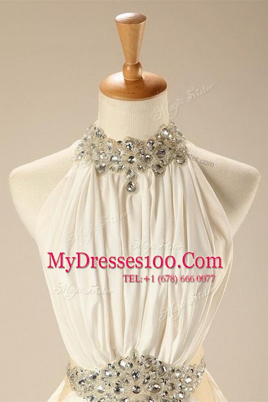 White Chiffon Zipper Prom Dresses Sleeveless Sweep Train Beading and Belt