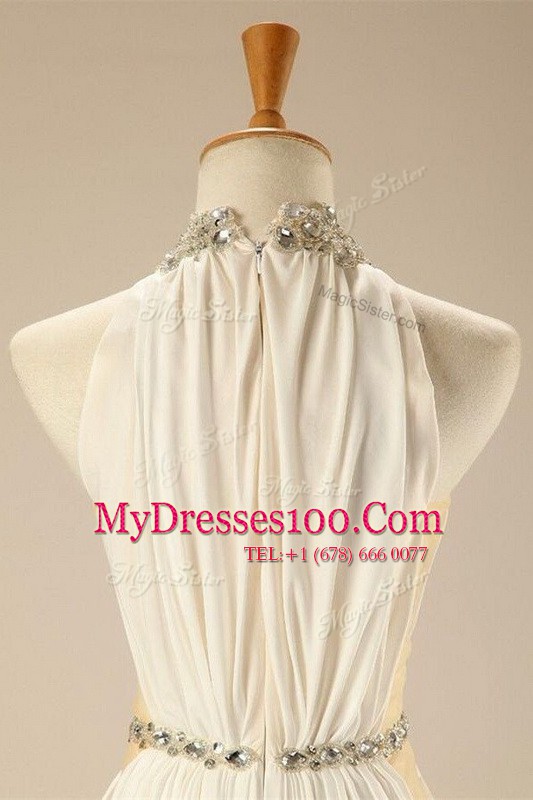 White Chiffon Zipper Prom Dresses Sleeveless Sweep Train Beading and Belt