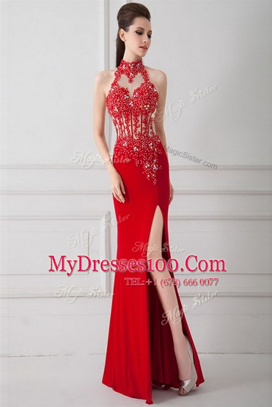Captivating Red Zipper High-neck Beading and Appliques Juniors Evening Dress Silk Like Satin Sleeveless