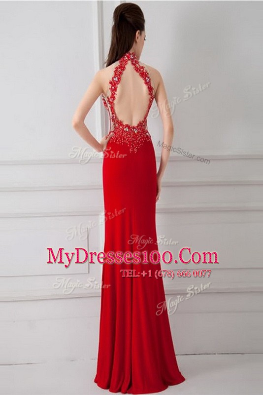 Captivating Red Zipper High-neck Beading and Appliques Juniors Evening Dress Silk Like Satin Sleeveless