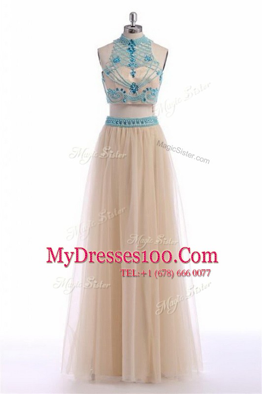 Ideal Empire Champagne High-neck Tulle Sleeveless Floor Length Zipper