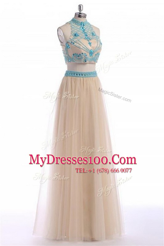Ideal Empire Champagne High-neck Tulle Sleeveless Floor Length Zipper