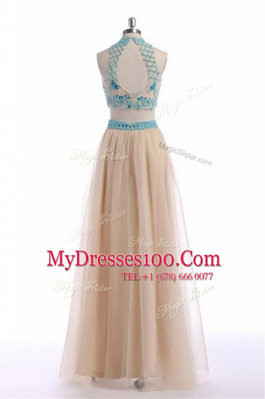 Ideal Empire Champagne High-neck Tulle Sleeveless Floor Length Zipper