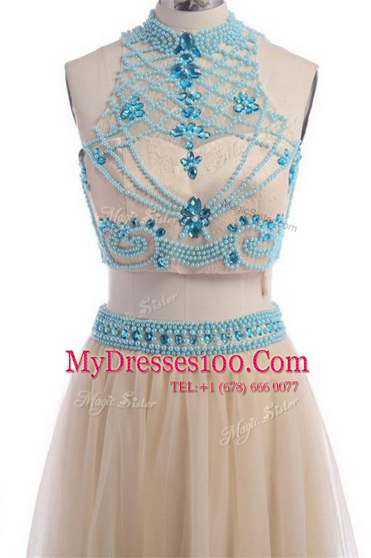 Ideal Empire Champagne High-neck Tulle Sleeveless Floor Length Zipper