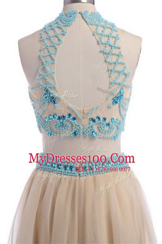 Ideal Empire Champagne High-neck Tulle Sleeveless Floor Length Zipper