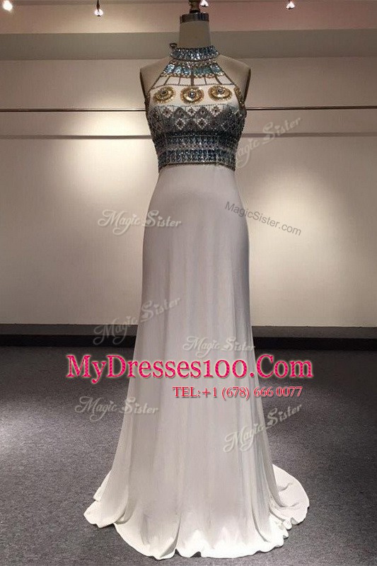 Eye-catching White Column/Sheath Elastic Woven Satin High-neck Sleeveless Beading With Train Zipper Prom Dresses Brush Train